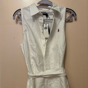 Ralph Lauren White Sleeveless Button-Front Dress with Tie Waist